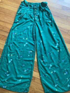 Free People Emerald Green Wide-Leg Floral Pants